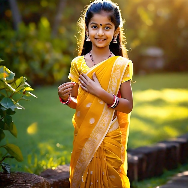 a girl in yellow sari smiles in front of a garden