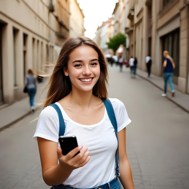 a girl in a yellow shirt is holding a phone and a cell phone