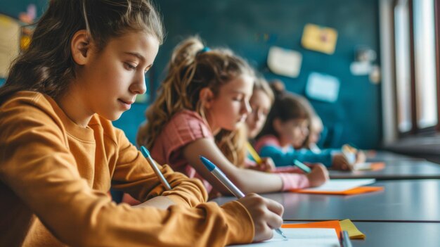 A girl in a yellow shirt is writing in a classroom with other girls