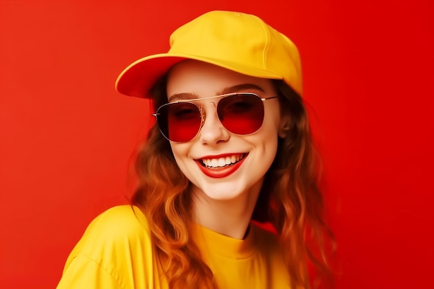 A girl in a yellow shirt and red cap smiles and wears a yellow shirt and red sunglasses.