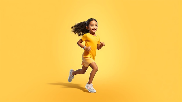 a girl in a yellow shirt runs in front of a yellow background