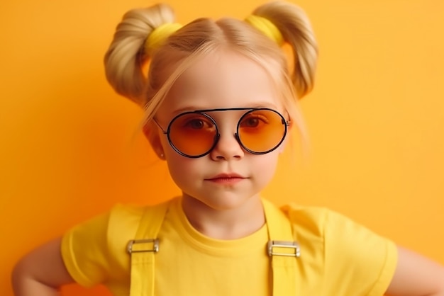 A girl in a yellow shirt and sunglasses stands against a yellow background.