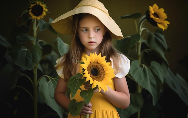 A girl in a yellow sunflower dress holds a sunflower