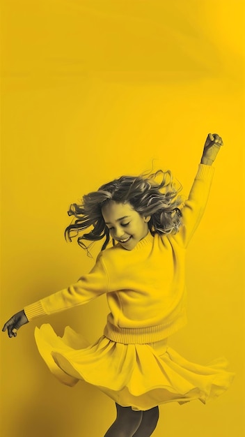 Photo girl in a yellow sweater dancing on a yellow background