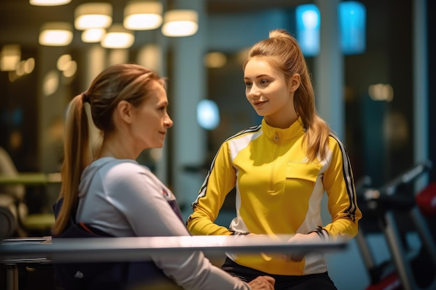 A girl in a yellow top talks to a woman in a waiting room.