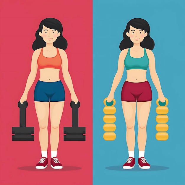 Girl young woman before and after diet and fitness Weight loss steps vector illustration