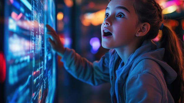 Photo a girl39s amazed look as she interacts with interactive digital exhibits at a science museum