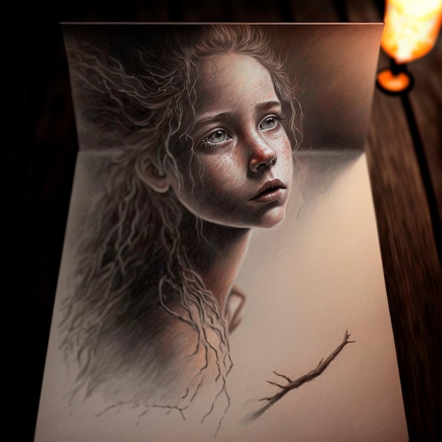 Girl39s face beautiful 3d sketch with colored elements The drawing goes off the paper