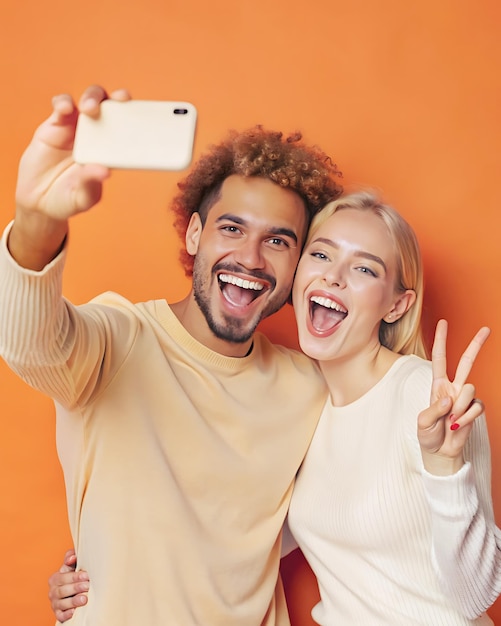 Photo girlfriend playfully taking selfies with her partner capturing fun and joy