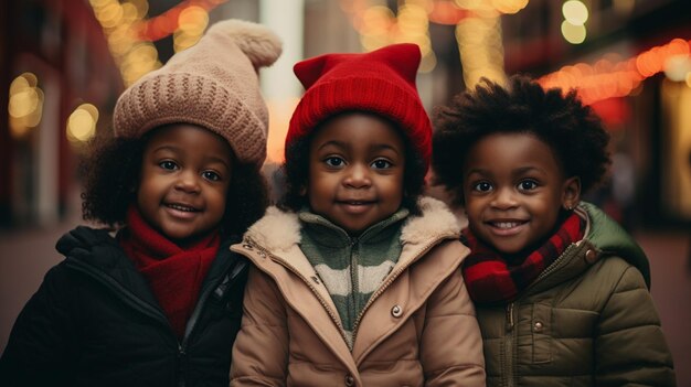 Girls and a boy 3 years old in a town at christmas