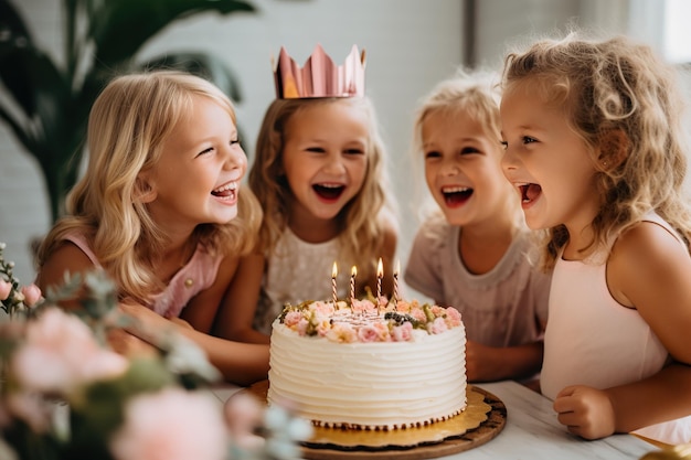 girls celebrating a birthday party where the birthday girl is wearing a crown