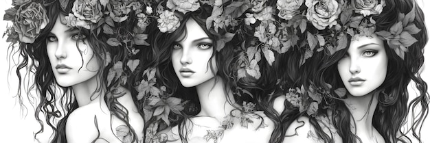 Girls in flowers black and white ai generated