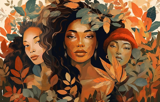 girls from all walks of life with leaves and flowers in the style of bold colorism