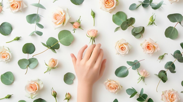 Photo girls hand holding rose bud and flowers pattern