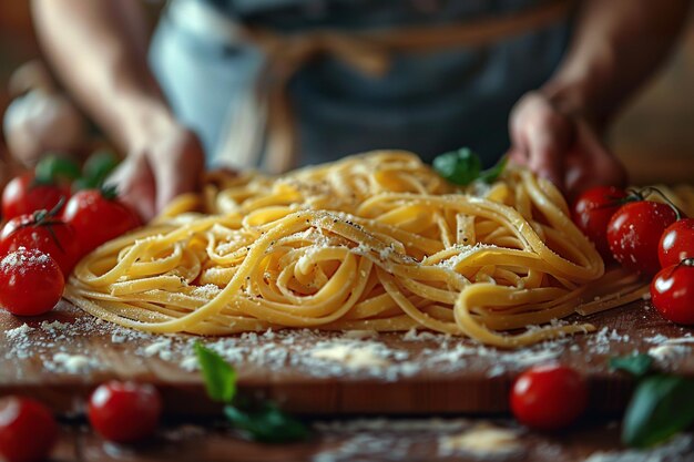 Photo girls hands with all the ingredients to repair pasta dish