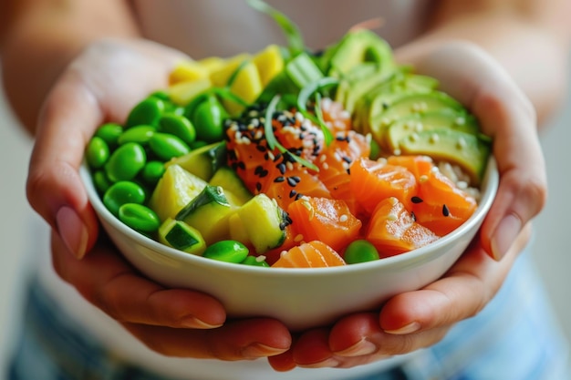 Girls holding salmon poke bowl with traditional Hawaiian ingredients