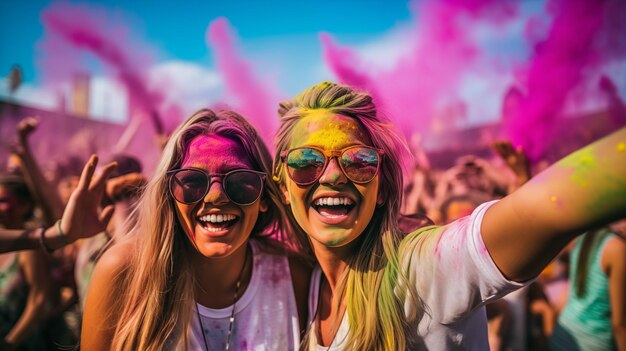 Girls at holi festival having fun with colorful powder