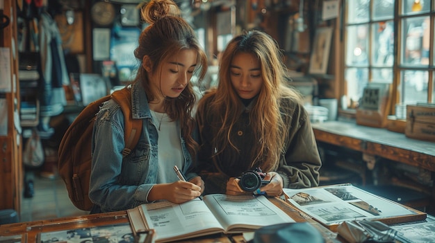 girls looking at a camera and writing in a store