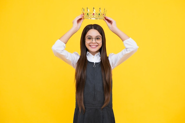 Girls party funny kid in crown Child queen wear diadem tiara Cute little princess portrait Happy girl face positive and smiling emotions