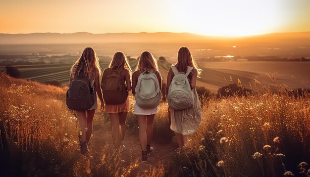 girls on paths looking to the sunset in the style of lively group compositions