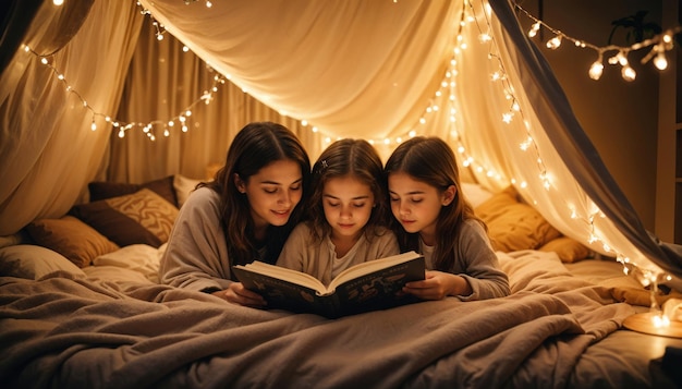 girls reading a book in bed with lights around them