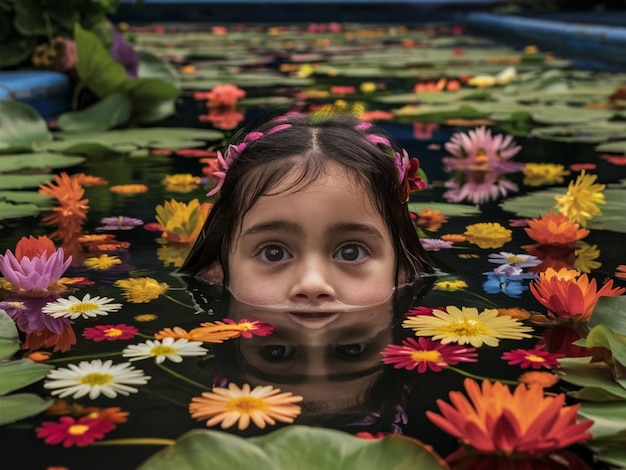 Photo a girls reflection in a pond with flowers and water lilies