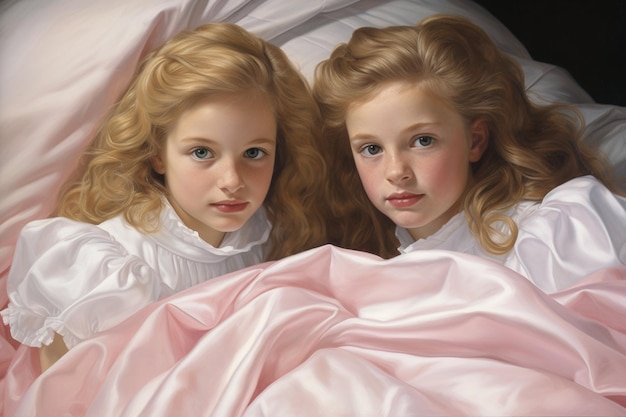 Girls resting on bed with curtains