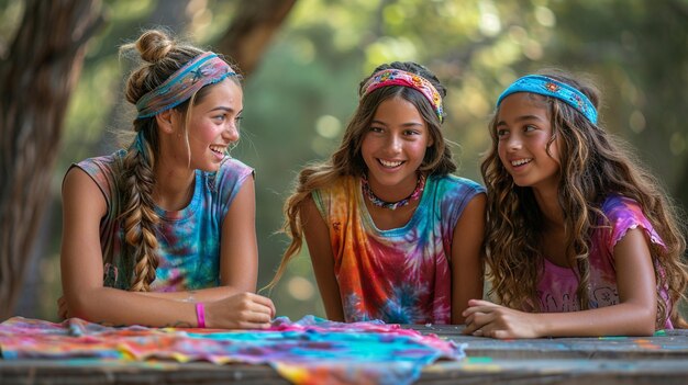 Photo girls sit on a picnic table with colorful cloths