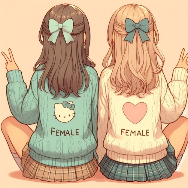 Girls sitting side by side back to back wearing blue and pink sweaters