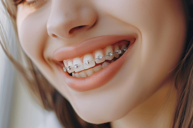 Girls smile with braces closeup