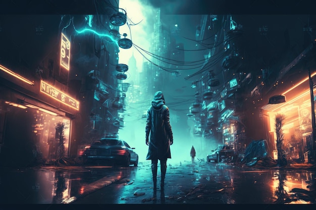 A girls stands in a cyberpunk city