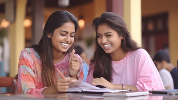 Girls studying together at a table one of them reads a story about their friend