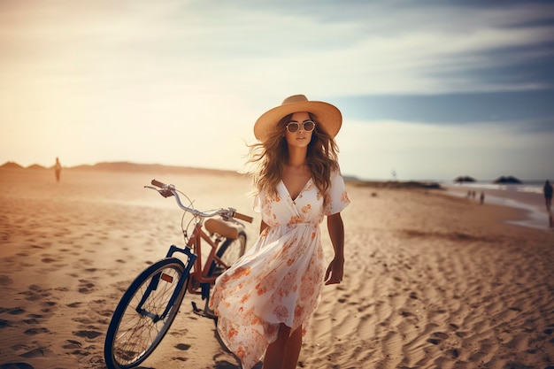 girls in sunglasses and hat on a walk on the beach