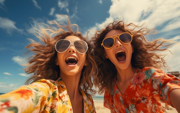 Girls Taking a Selfie on the Beach Generative AI