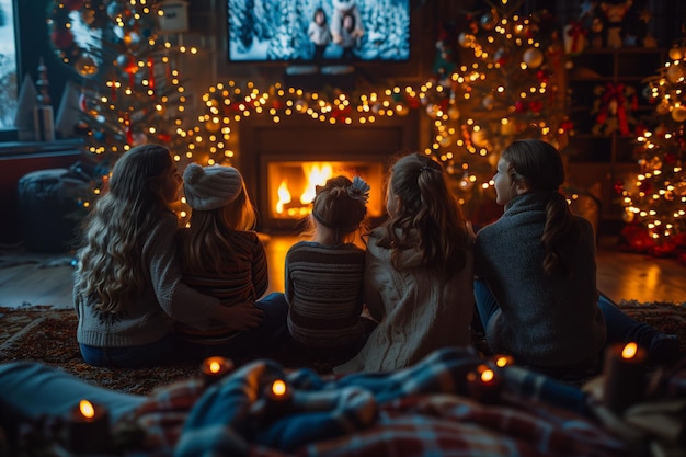 Girls watching christmas movie by fireplace