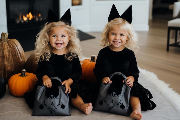 Photo girls in witch suits sitting on floor holding halloween basket and smiling