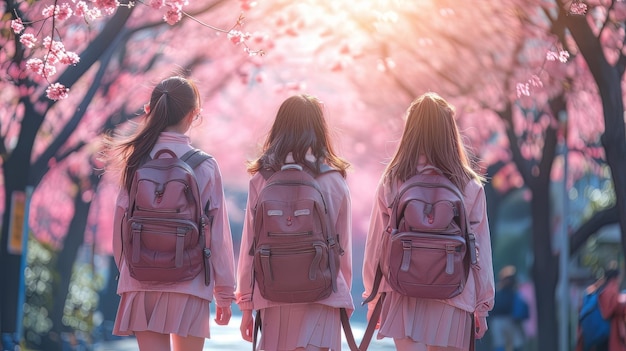 girls with backpacks walking under a cherry blossom tree