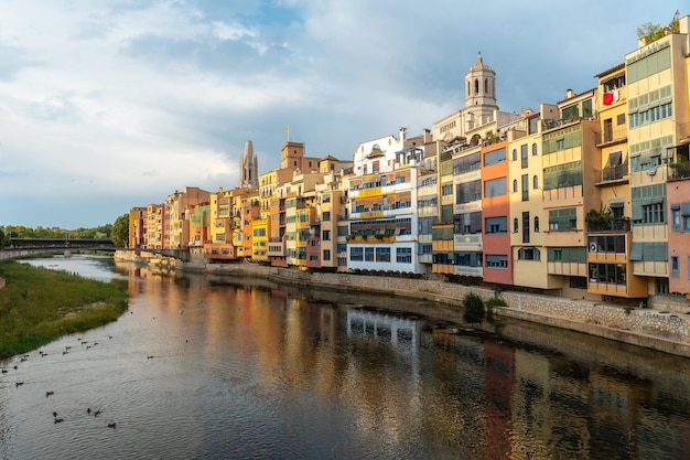 Girona panoramic from the famous red bridge Pont de les Peixateries Velles