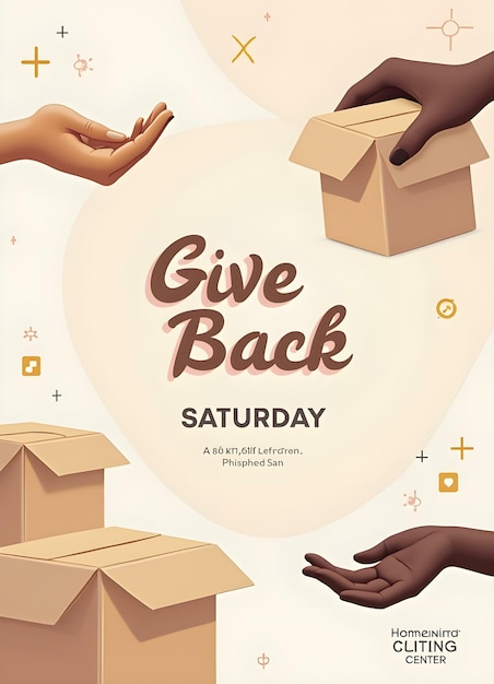 Photo give back charity event poster with helping hands and donation boxes