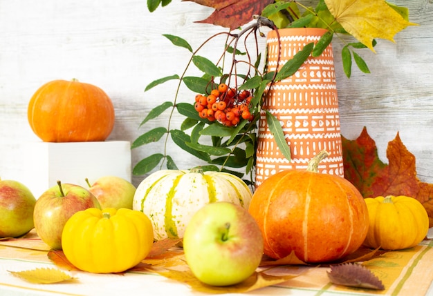 Give Thanks text handwritten. Thanksgiving day with fruits and vegetables on the table. Autumn harvest