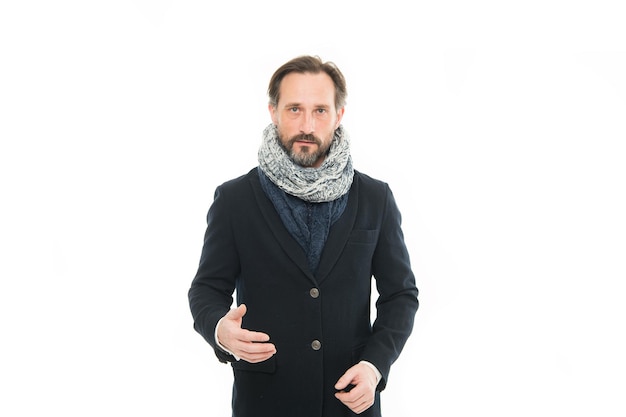 Giving the man confidence. Stylish man with beard isolated on white. Bearded man wear cozy clothing for fall weather. Mature man in autumn fashion style.