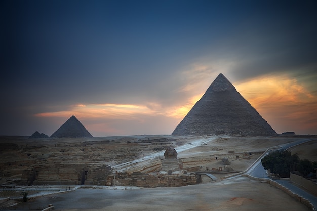 The Giza Pyramids and the Sphinx in the evening, Egypt.