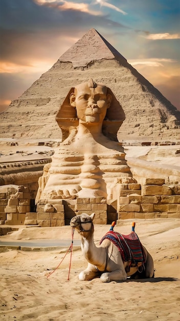 Photo giza pyramids and sphinx panorama with a camel lying by cairo egypt