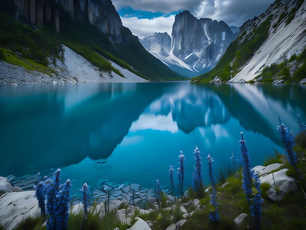 Glacial lake reflects the surrounding mountains and clouds