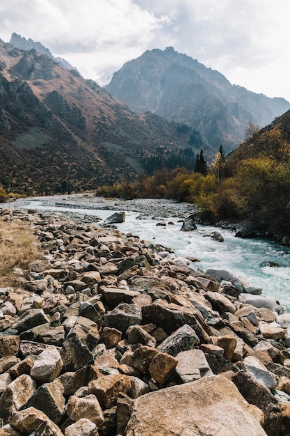 Glacial river flows through the Ala Archa mountain pass in Kyrgyzstan