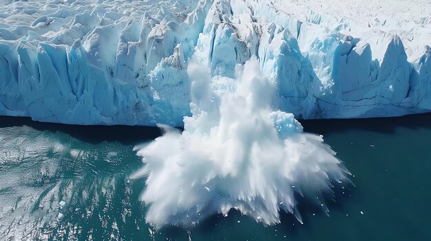 Glacier calving into the ocean creating a massive splash