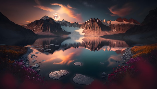 glacier mountain landscape with flowers and lake in beautiful sunset with full moon