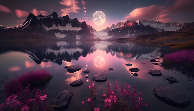 glacier mountain landscape with flowers and lake in beautiful sunset with full moon