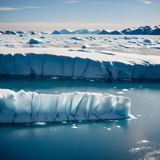 a glacier with ice in the water and mountains in the background