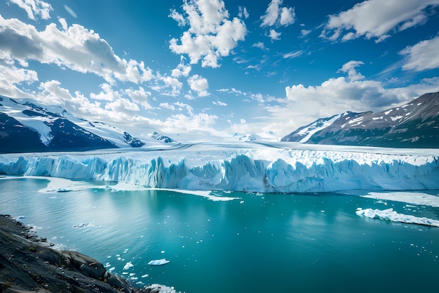 A glacier with melting ice a prominent white banner pleads for action to save our future